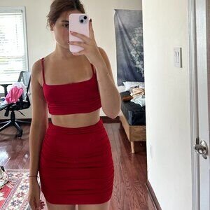 red ruched going out set (skirt and top)